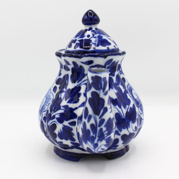 Vintage Blue White Porcelain Teapot Floral Design Small Hand Painted Asian Style - Picture 5 of 6